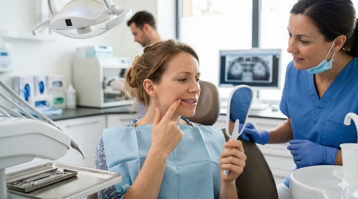 Une patiente examinant un gonflement de gencive avec un miroir dans un cabinet dentaire, sous la supervision d'un dentiste, illustrant les risques de percer un abcès dentaire soi-même.
