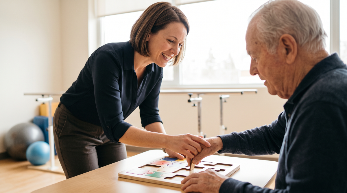 emme en reconversion pour devenir ergothérapeute à 40 ans aidant un patient.