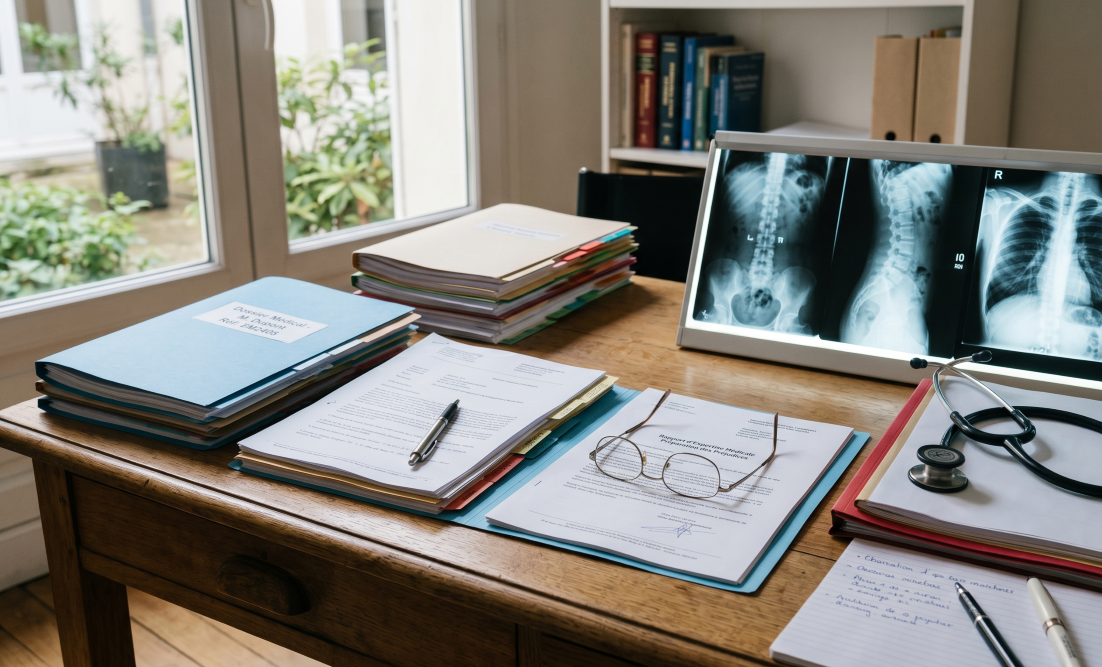 Dossier complet et radiographies préparés pour une expertise médicale.