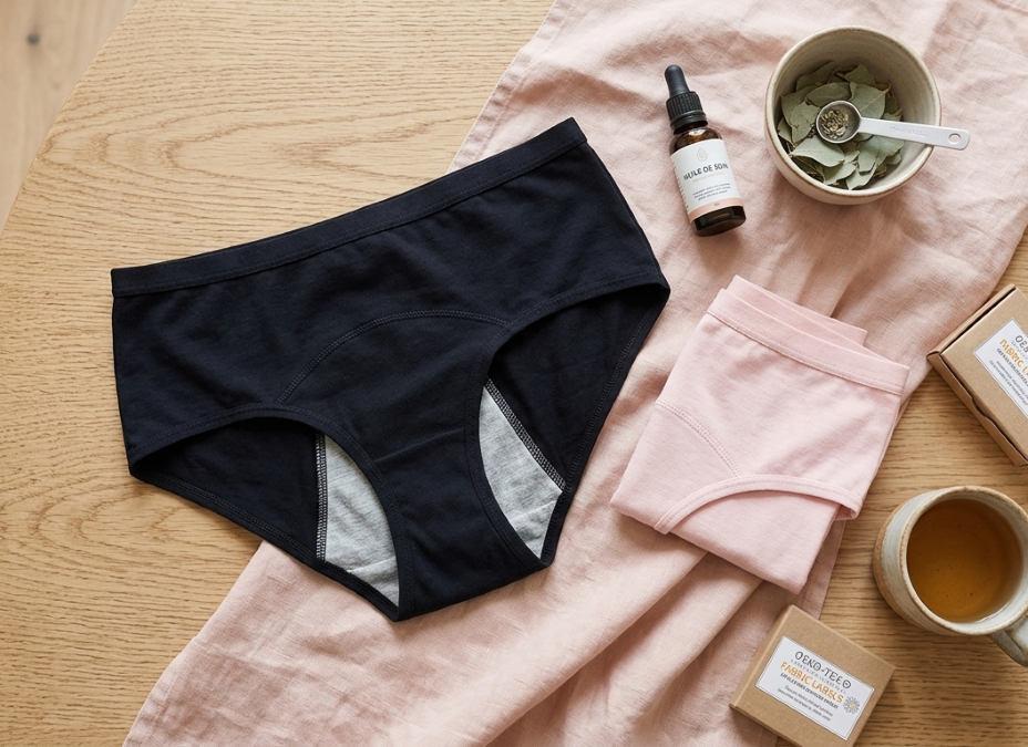 Assortiment de sous-vêtements en coton et accessoires de bien-être pour aider à choisir sa culotte menstruelle.