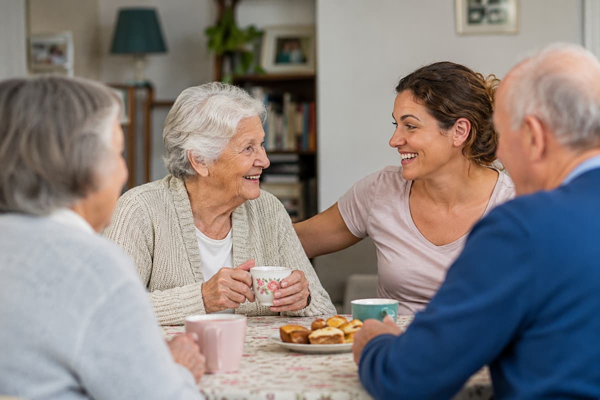 Hébergement senior : une personne âgée partage un moment convivial autour d'un thé avec son accueillant familial.