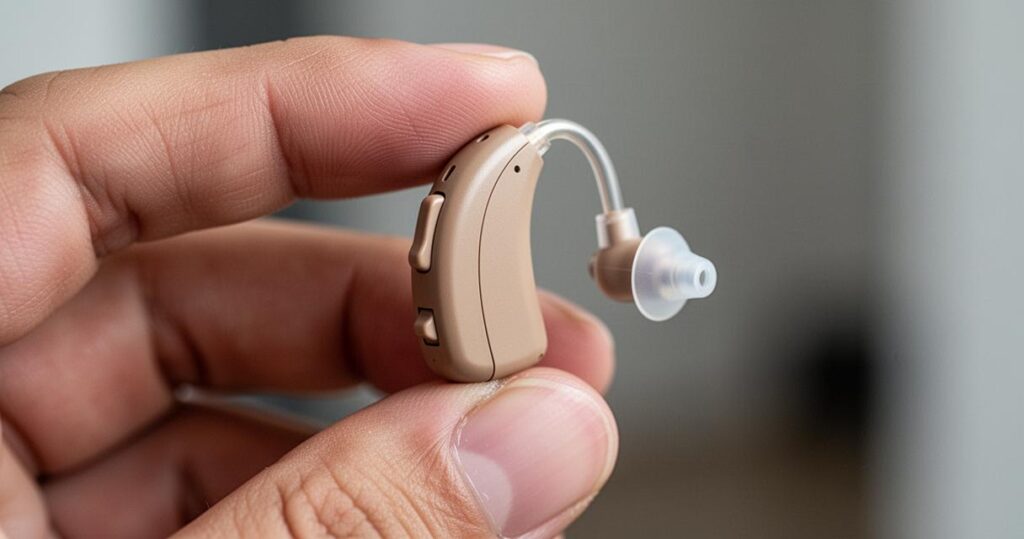 Gros plan sur un modèle à contour d'oreille dont les caractéristiques influencent le prix appareil auditif.